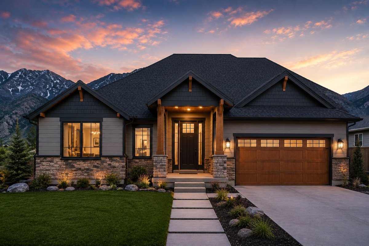 Craftsman home roof replacement in Cottonwood Heights, Utah at sunset with mountain backdrop